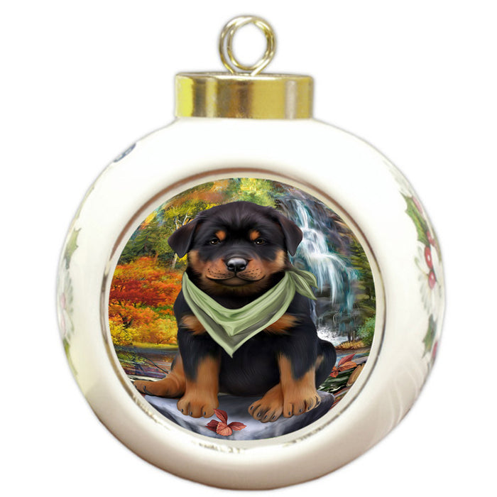 Scenic Waterfall Rottweiler Dog Round Ball Christmas Ornament RBPOR51939