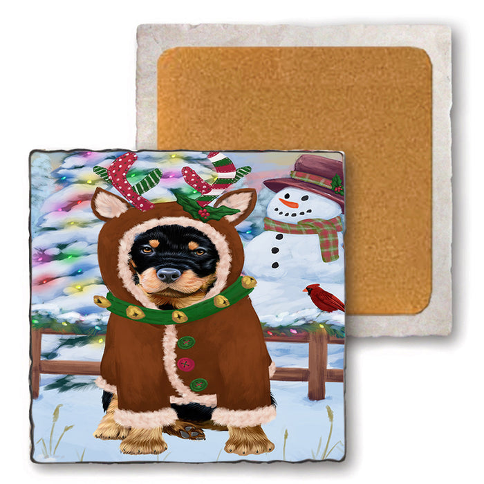 Christmas Gingerbread House Candyfest Rottweiler Dog Set of 4 Natural Stone Marble Tile Coasters MCST51499