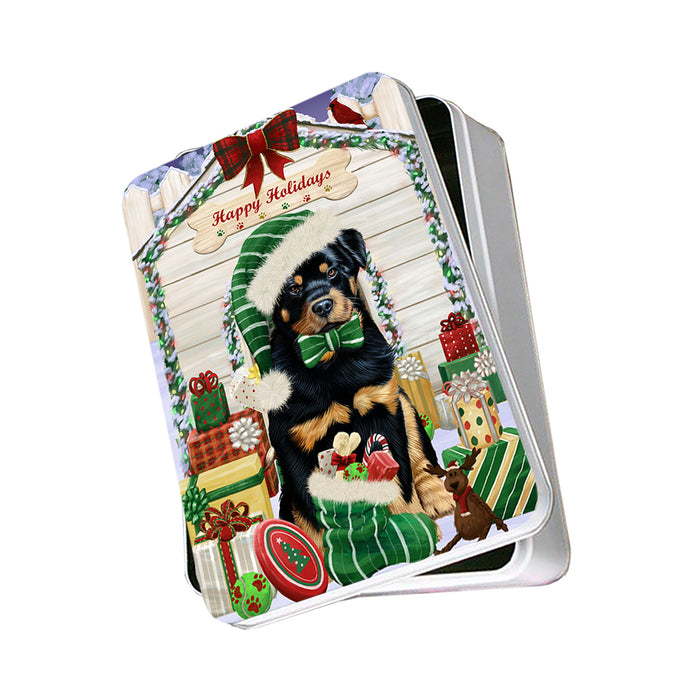 Happy Holidays Christmas Rottweiler Dog House With Presents Photo Storage Tin PITN52189