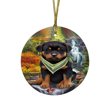 Scenic Waterfall Rottweiler Dog Round Flat Christmas Ornament RFPOR51930