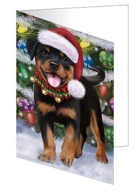 Trotting in the Snow Rottweiler Dog Handmade Artwork Assorted Pets Greeting Cards and Note Cards with Envelopes for All Occasions and Holiday Seasons GCD68183