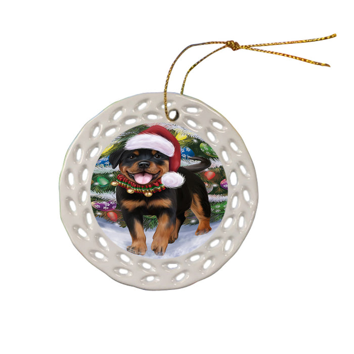 Trotting in the Snow Rottweiler Dog Ceramic Doily Ornament DPOR54718