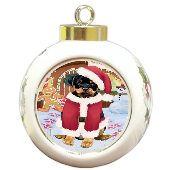 Christmas Gingerbread House Candyfest Rottweiler Dog Round Ball Christmas Ornament RBPOR56856