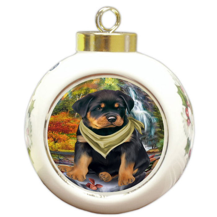 Scenic Waterfall Rottweiler Dog Round Ball Christmas Ornament RBPOR51940
