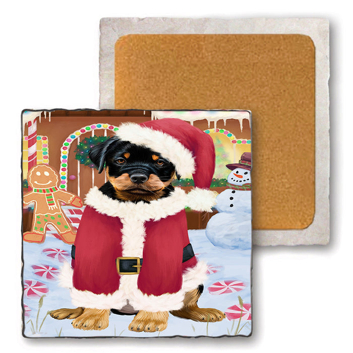 Christmas Gingerbread House Candyfest Rottweiler Dog Set of 4 Natural Stone Marble Tile Coasters MCST51500