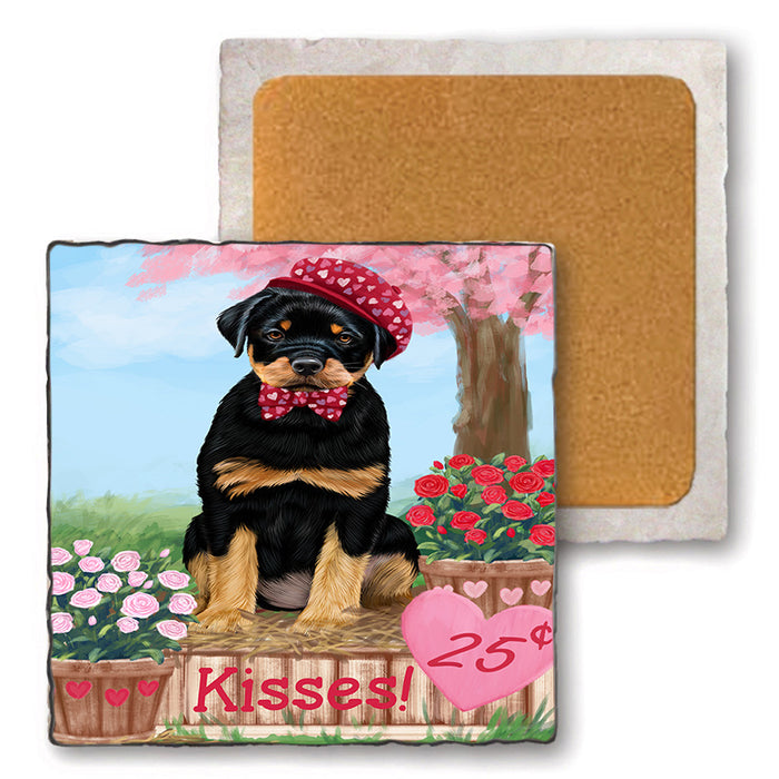Rosie 25 Cent Kisses Rottweiler Dog Set of 4 Natural Stone Marble Tile Coasters MCST51006