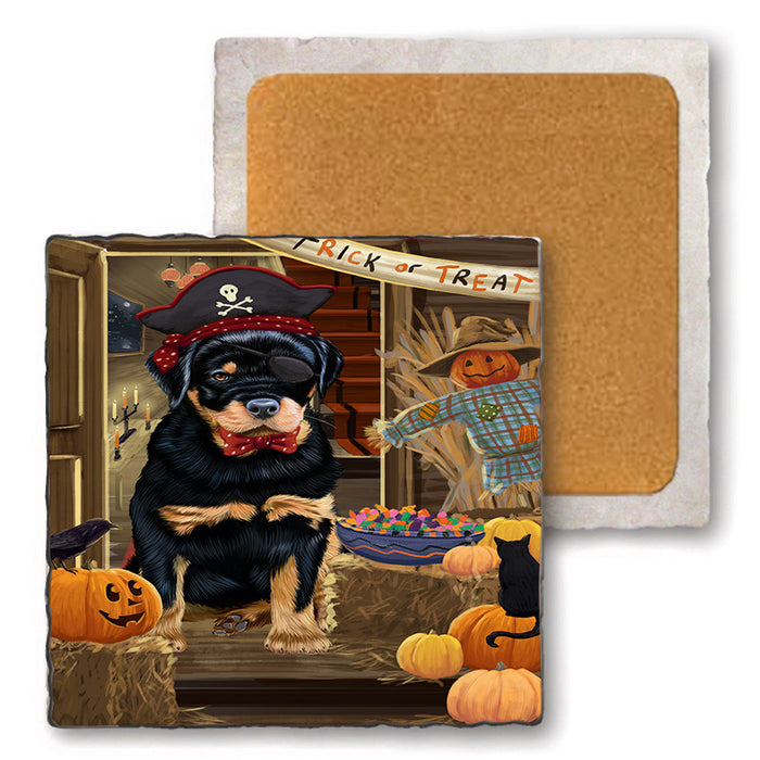 Enter at Own Risk Trick or Treat Halloween Rottweiler Dog Set of 4 Natural Stone Marble Tile Coasters MCST48246