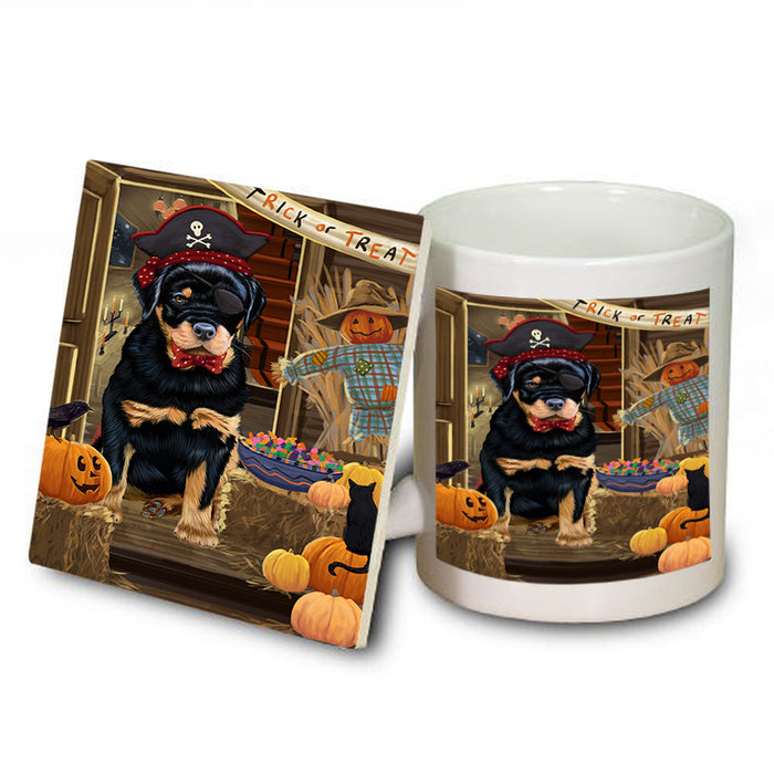 Enter at Own Risk Trick or Treat Halloween Rottweiler Dog Mug and Coaster Set MUC53238