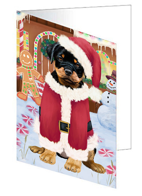 Christmas Gingerbread House Candyfest Rottweiler Dog Handmade Artwork Assorted Pets Greeting Cards and Note Cards with Envelopes for All Occasions and Holiday Seasons GCD74015