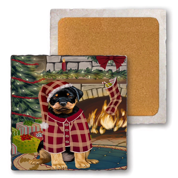 The Stocking was Hung Rottweiler Dog Set of 4 Natural Stone Marble Tile Coasters MCST50584
