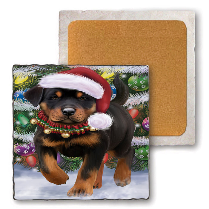 Trotting in the Snow Rottweiler Dog Set of 4 Natural Stone Marble Tile Coasters MCST49591