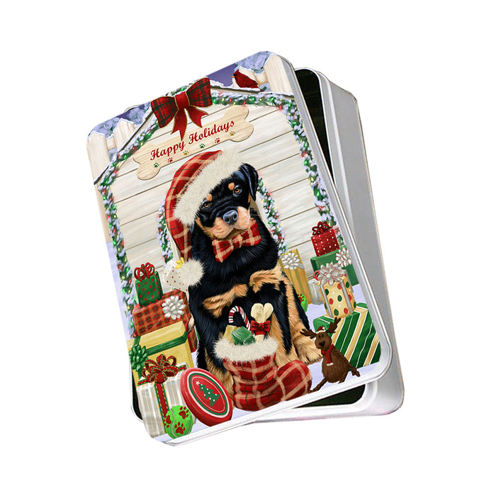Happy Holidays Christmas Rottweiler Dog House With Presents Photo Storage Tin PITN52190