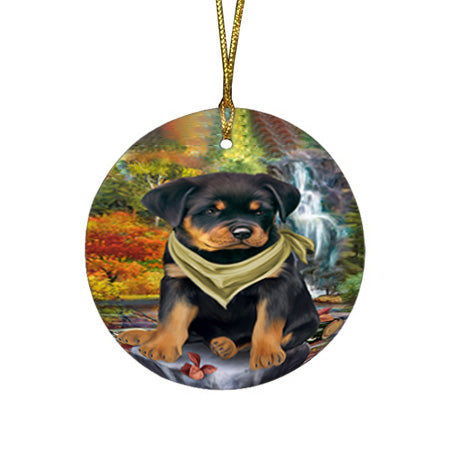 Scenic Waterfall Rottweiler Dog Round Flat Christmas Ornament RFPOR51931