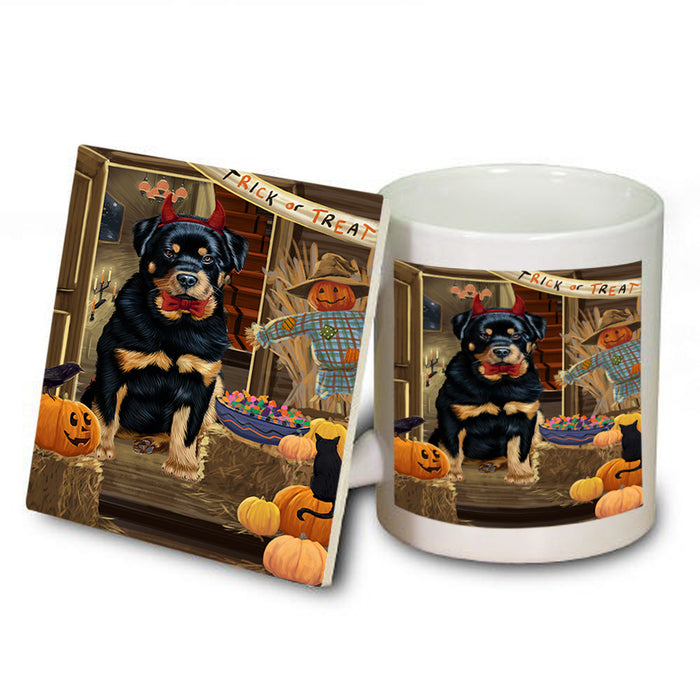 Enter at Own Risk Trick or Treat Halloween Rottweiler Dog Mug and Coaster Set MUC53239