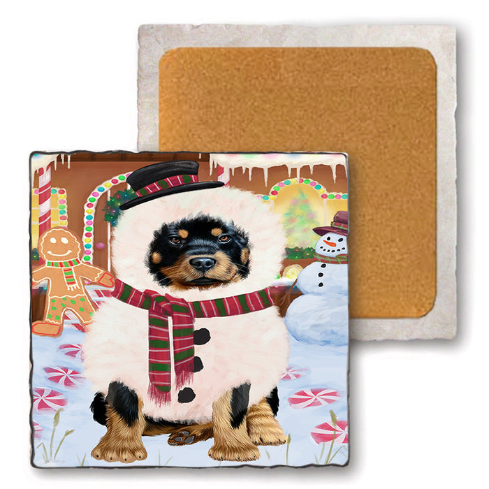 Christmas Gingerbread House Candyfest Rottweiler Dog Set of 4 Natural Stone Marble Tile Coasters MCST51501