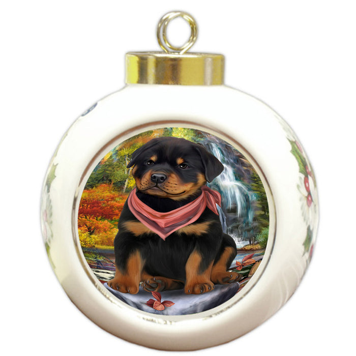 Scenic Waterfall Rottweiler Dog Round Ball Christmas Ornament RBPOR51941