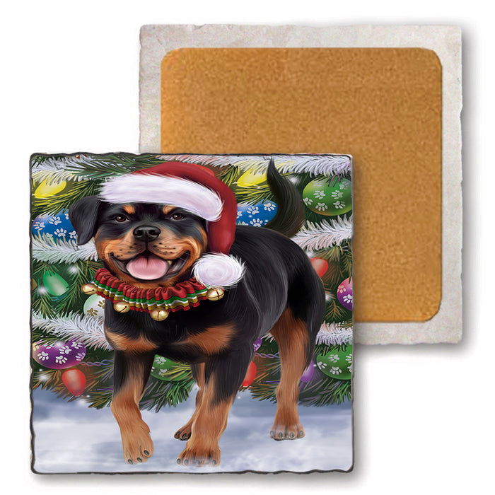 Trotting in the Snow Rottweiler Dog Set of 4 Natural Stone Marble Tile Coasters MCST49592