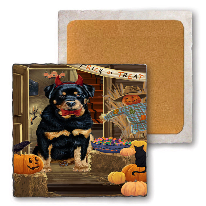 Enter at Own Risk Trick or Treat Halloween Rottweiler Dog Set of 4 Natural Stone Marble Tile Coasters MCST48247