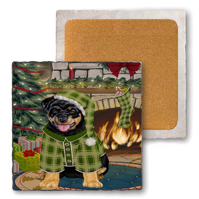 The Stocking was Hung Rottweiler Dog Set of 4 Natural Stone Marble Tile Coasters MCST50585