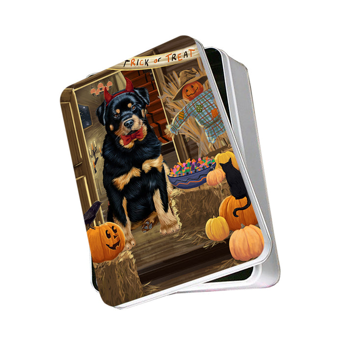 Enter at Own Risk Trick or Treat Halloween Rottweiler Dog Photo Storage Tin PITN53247