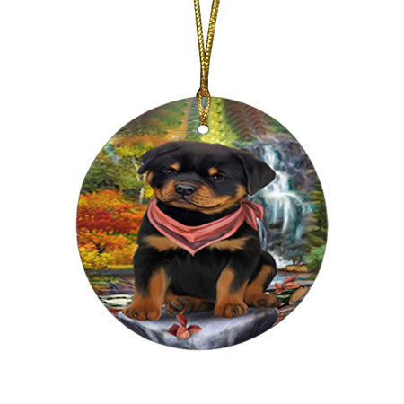 Scenic Waterfall Rottweiler Dog Round Flat Christmas Ornament RFPOR51932