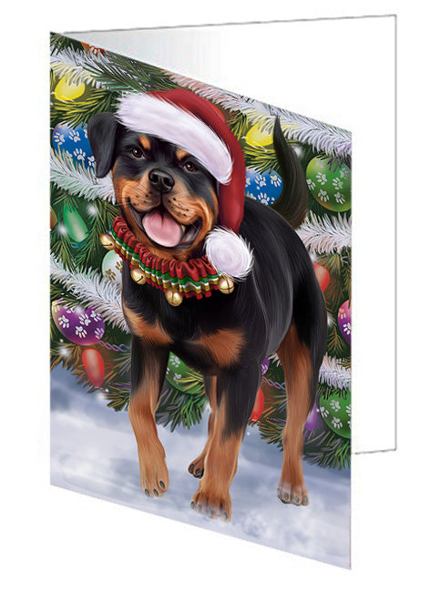 Trotting in the Snow Rottweiler Dog Handmade Artwork Assorted Pets Greeting Cards and Note Cards with Envelopes for All Occasions and Holiday Seasons GCD68189