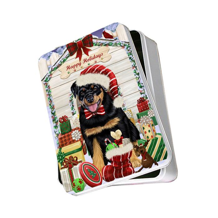 Happy Holidays Christmas Rottweiler Dog House With Presents Photo Storage Tin PITN52191