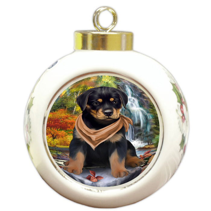 Scenic Waterfall Rottweiler Dog Round Ball Christmas Ornament RBPOR51942