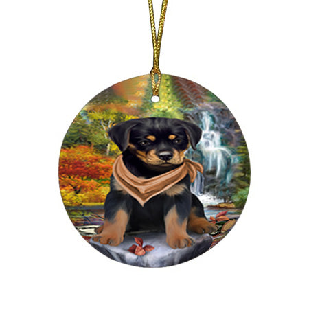 Scenic Waterfall Rottweiler Dog Round Flat Christmas Ornament RFPOR51933