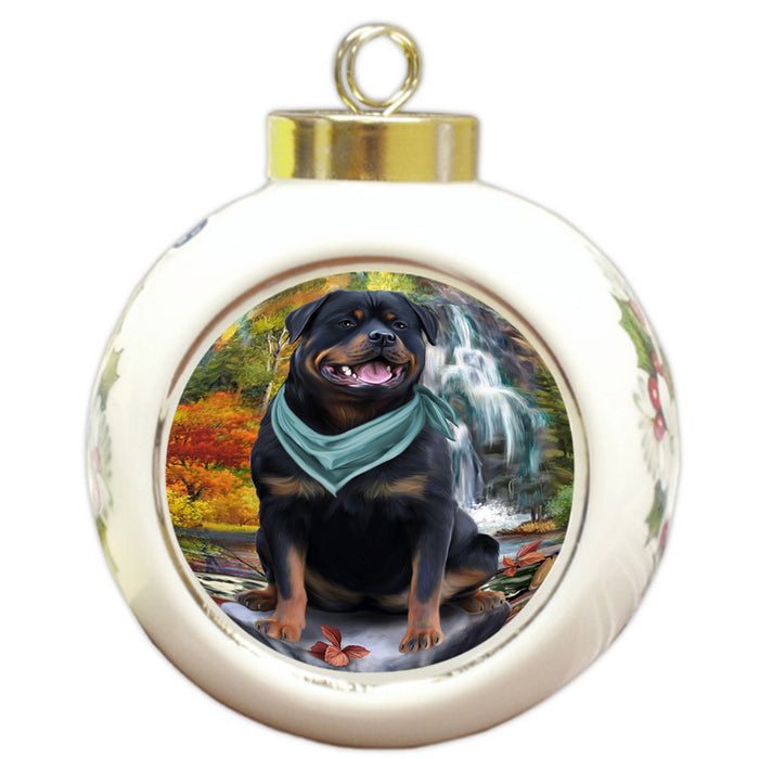 Scenic Waterfall Rottweiler Dog Round Ball Christmas Ornament RBPOR51943