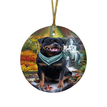 Scenic Waterfall Rottweiler Dog Round Flat Christmas Ornament RFPOR51934