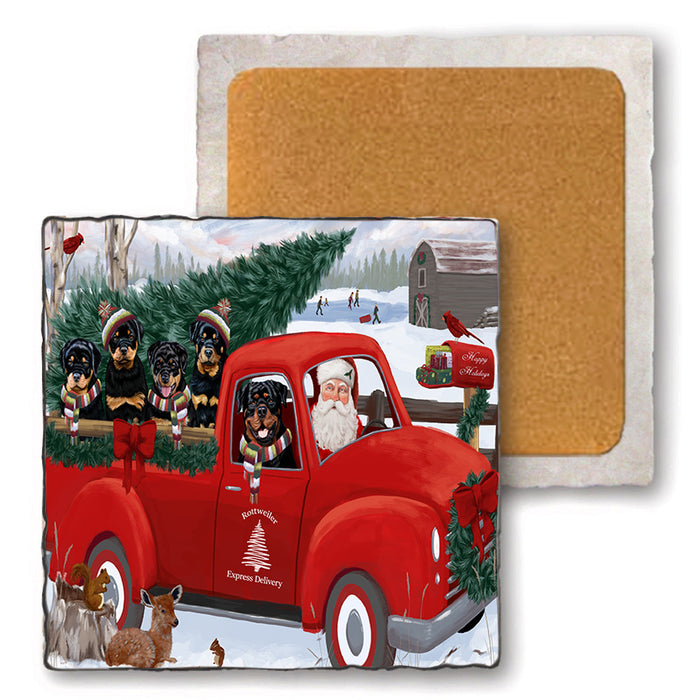 Christmas Santa Express Delivery Rottweilers Dog Family Set of 4 Natural Stone Marble Tile Coasters MCST50060