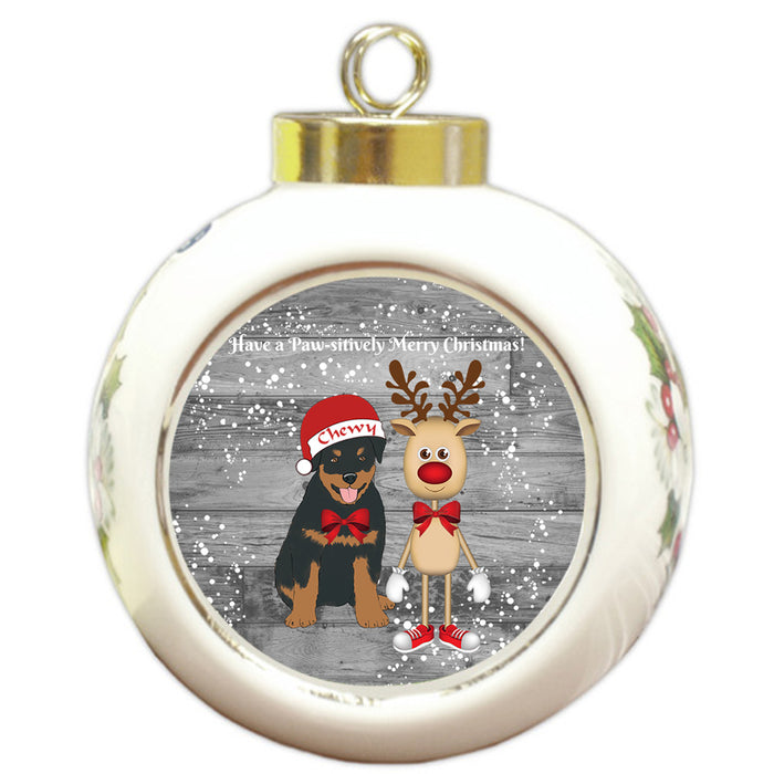 Custom Personalized Rottweiler Dog Reindeer and Pooch Christmas Round Ball Ornament