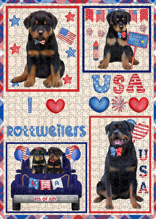 4th of July Independence Day I Love USA Rottweiler Dogs Portrait Jigsaw Puzzle for Adults Animal Interlocking Puzzle Game Unique Gift for Dog Lover's with Metal Tin Box