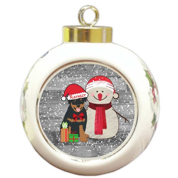 Custom Personalized Snowy Snowman and Rottweiler Dog Christmas Round Ball Ornament