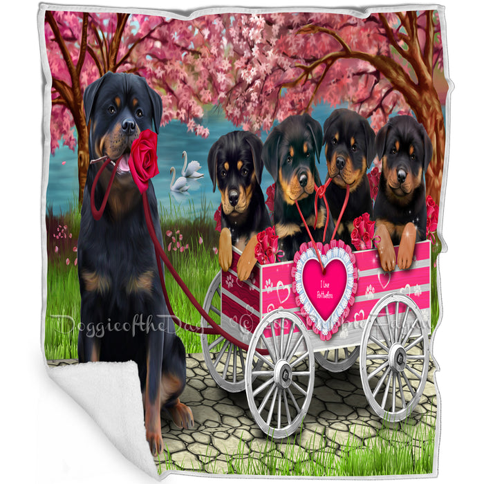 I Love Rottweiler Dogs in a Cart Art Portrait Print Woven Throw Sherpa Plush Fleece Blanket