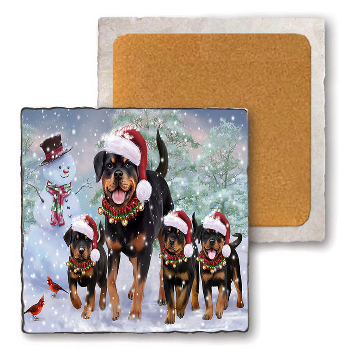 Christmas Running Family Dogs Rottweilers Dog Set of 4 Natural Stone Marble Tile Coasters MCST49225