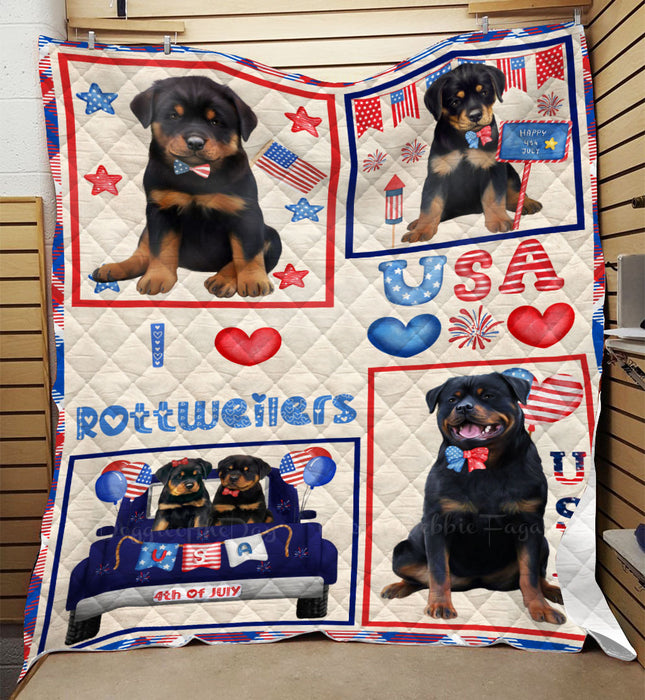 4th of July Independence Day I Love USA Rottweiler Dogs Quilt Bed Coverlet Bedspread - Pets Comforter Unique One-side Animal Printing - Soft Lightweight Durable Washable Polyester Quilt