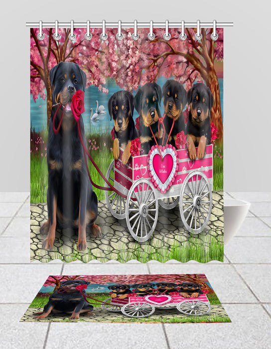 I Love Rottweiler Dogs in a Cart Bath Mat and Shower Curtain Combo