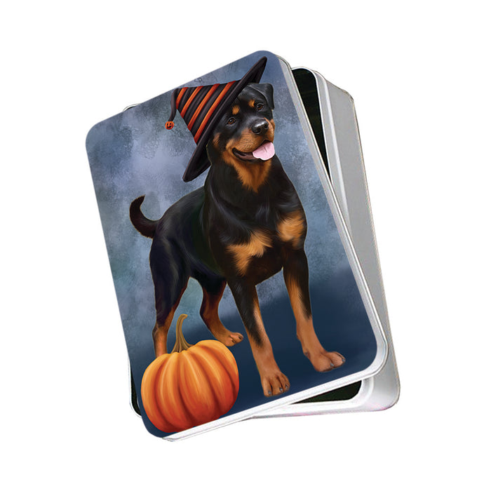 Happy Halloween Rottweiler Dog Wearing Witch Hat with Pumpkin Photo Storage Tin PITN54742