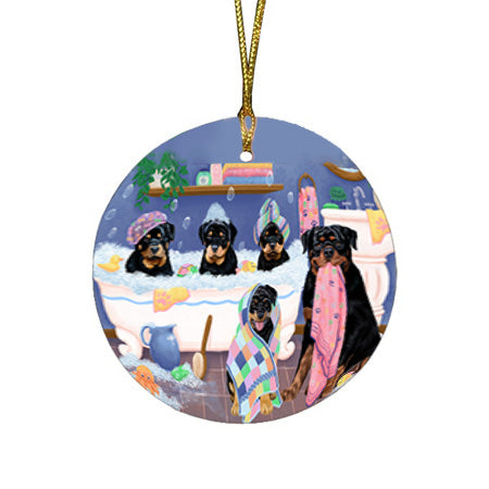 Rub A Dub Dogs In A Tub Rottweilers Dog Round Flat Christmas Ornament RFPOR57170