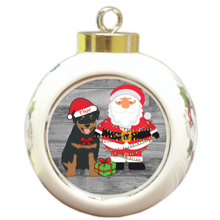 Custom Personalized Rottweiler Dog With Santa Wrapped in Light Christmas Round Ball Ornament