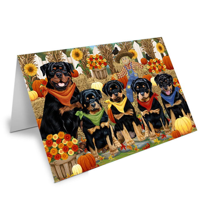 Fall Festive Gathering Rottweilers Dog with Pumpkins Handmade Artwork Assorted Pets Greeting Cards and Note Cards with Envelopes for All Occasions and Holiday Seasons GCD56423