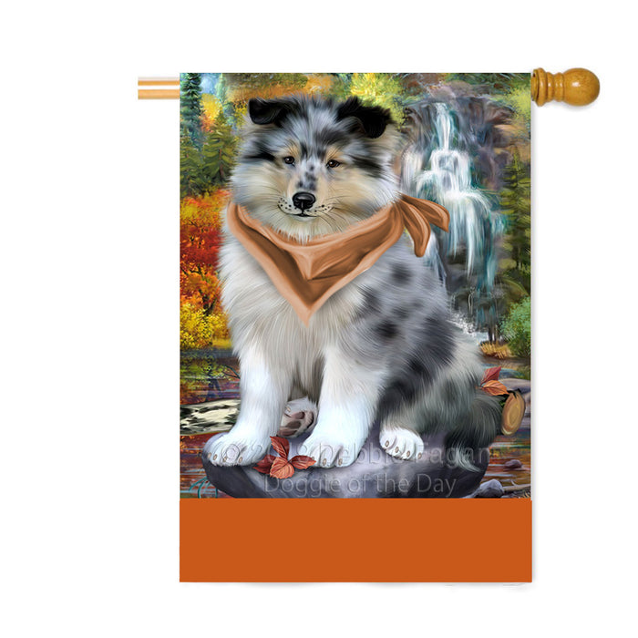 Personalized Scenic Waterfall Rough Collie Dog Custom House Flag FLG-DOTD-A60898