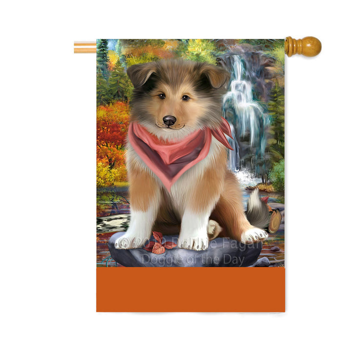 Personalized Scenic Waterfall Rough Collie Dog Custom House Flag FLG-DOTD-A60899