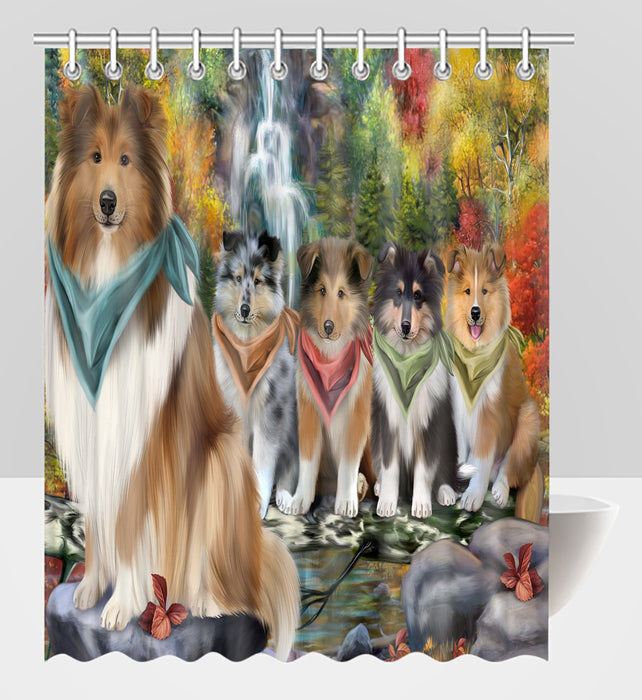 Scenic Waterfall Rough Collie Dogs Shower Curtain