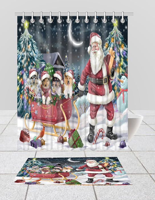 Santa Sled Dogs Christmas Happy Holidays Rough Collie Dogs Bath Mat and Shower Curtain Combo
