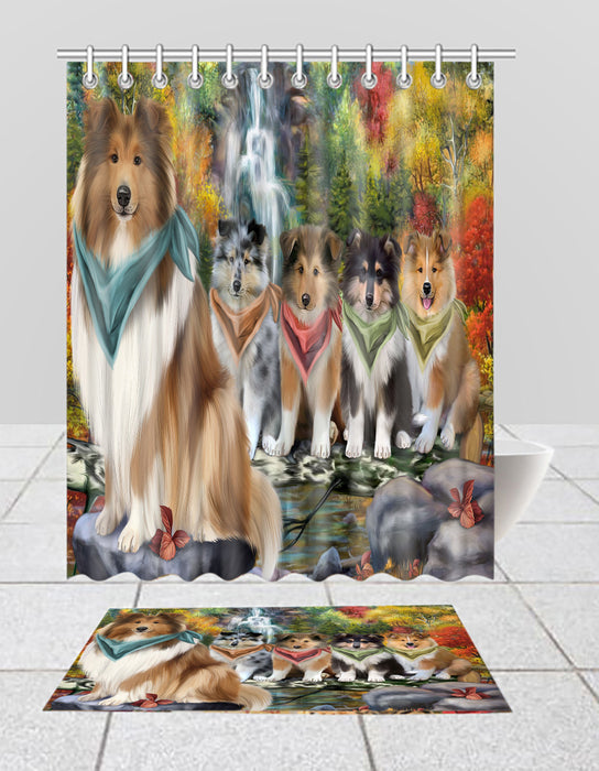 Scenic Waterfall Rough Collie Dogs Bath Mat and Shower Curtain Combo