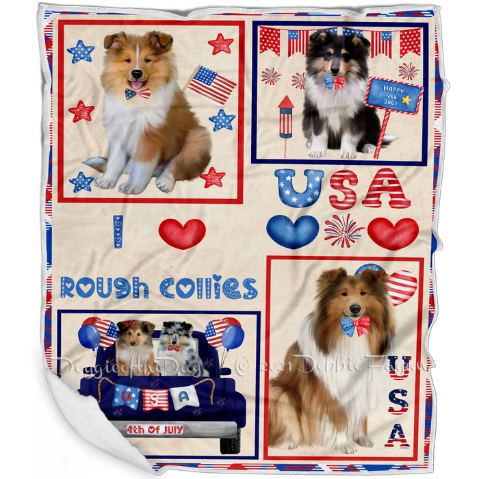 4th of July Independence Day I Love USA Rough Collie Dogs Blanket BLNKT143534