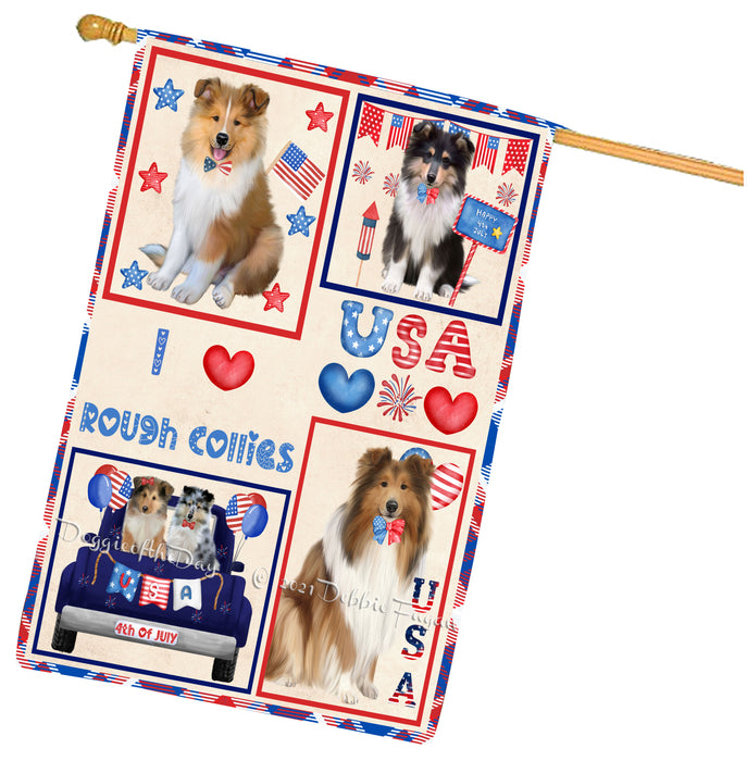 4th of July Independence Day I Love USA Rough Collie Dogs House flag FLG66987